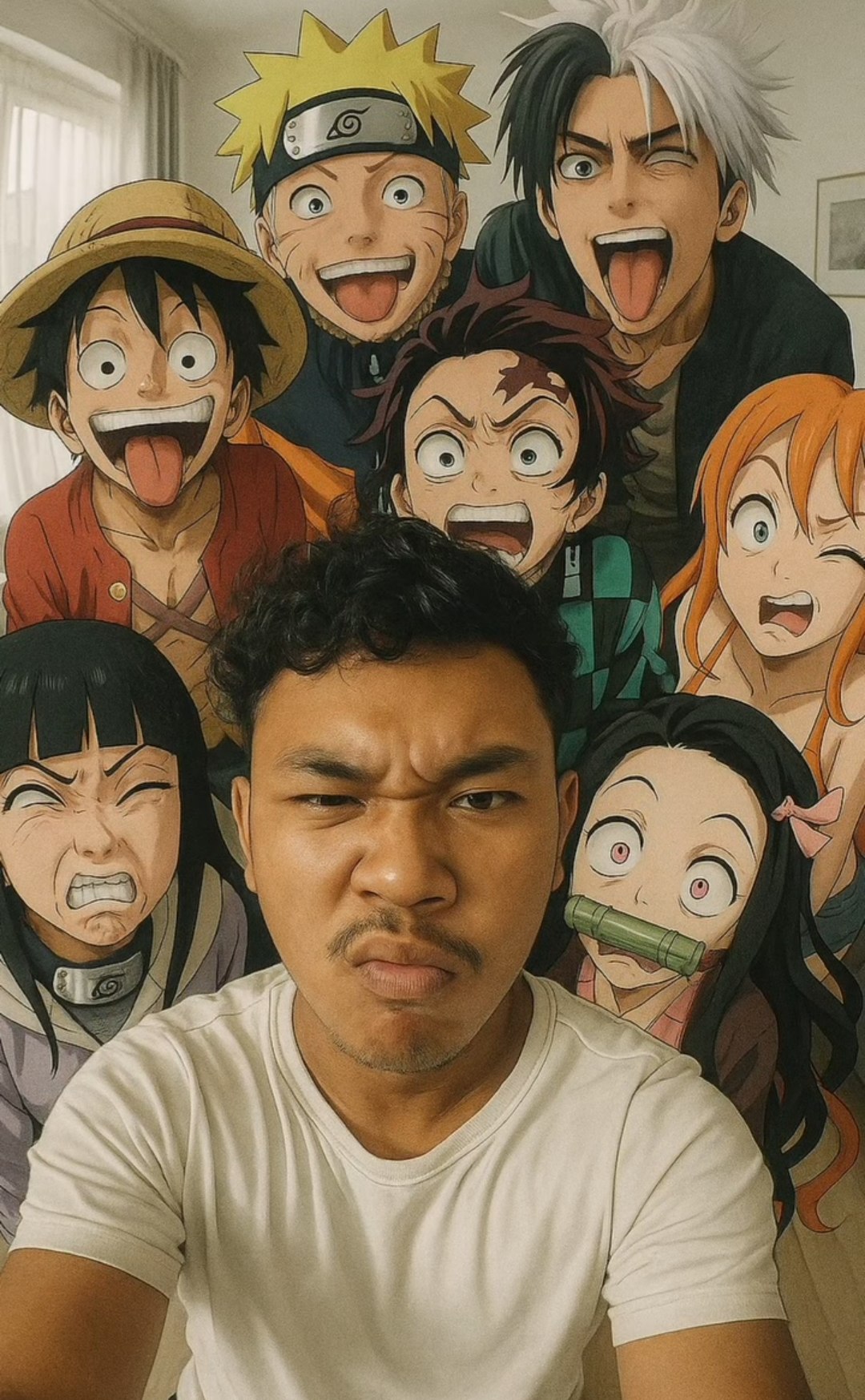 Fisheye Selfie with Anime Characters AI prompt – anime and art style photo editing image