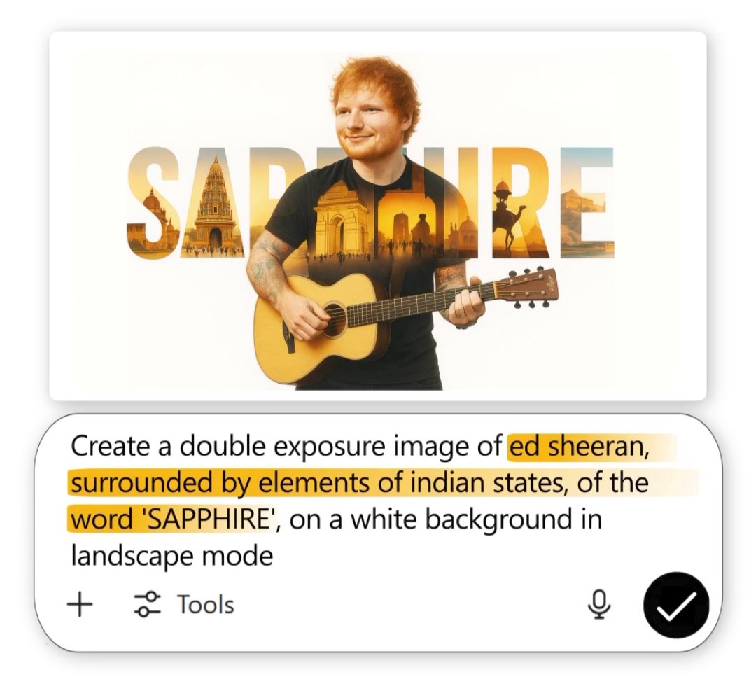 Double Exposure Ed Sheeran AI prompt – realistic cinematic photo editing image