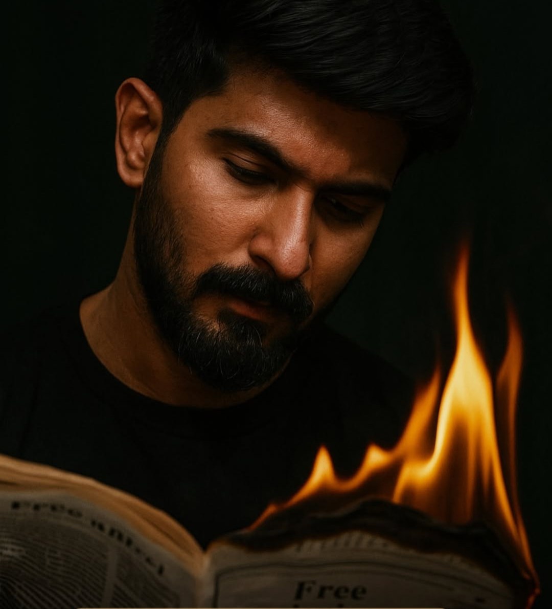 Cinematic Newspaper Contemplation AI prompt – realistic cinematic photo editing image