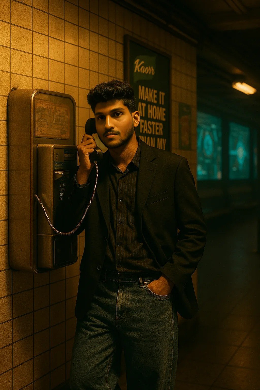 Cinematic Subway Payphone AI prompt – realistic cinematic photo editing image