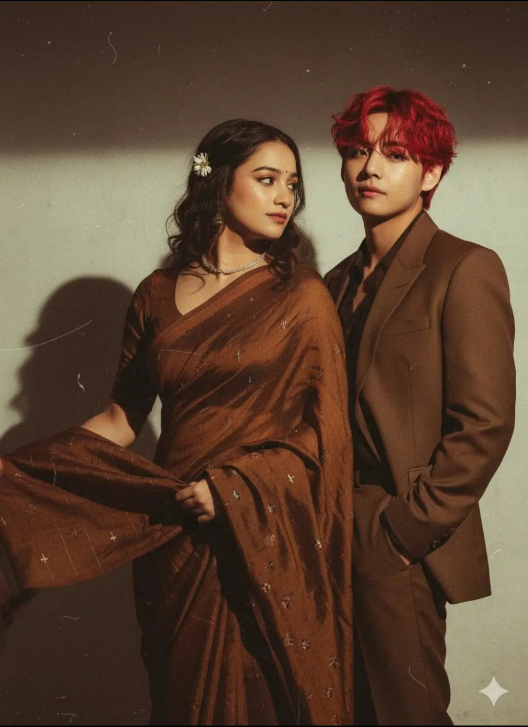 Brown Saree & Suit Aesthetic AI prompt – realistic couple photo editing image