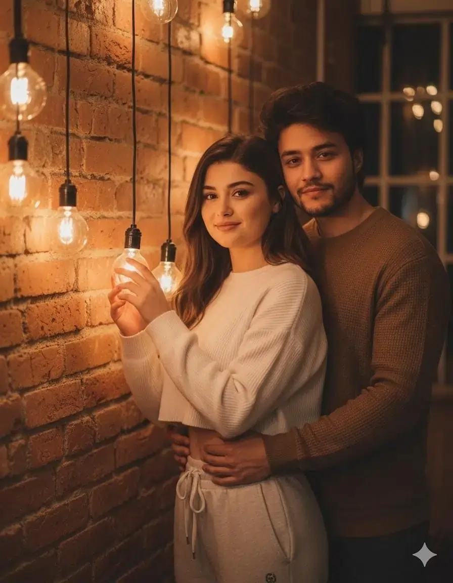 Cozy Couple in String Lights AI prompt – realistic couple photo editing image