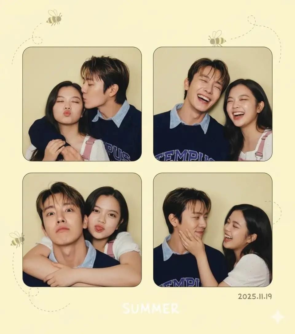 Cute Korean-style 4-cut Photo Booth Strip AI prompt – realistic couple photo editing image