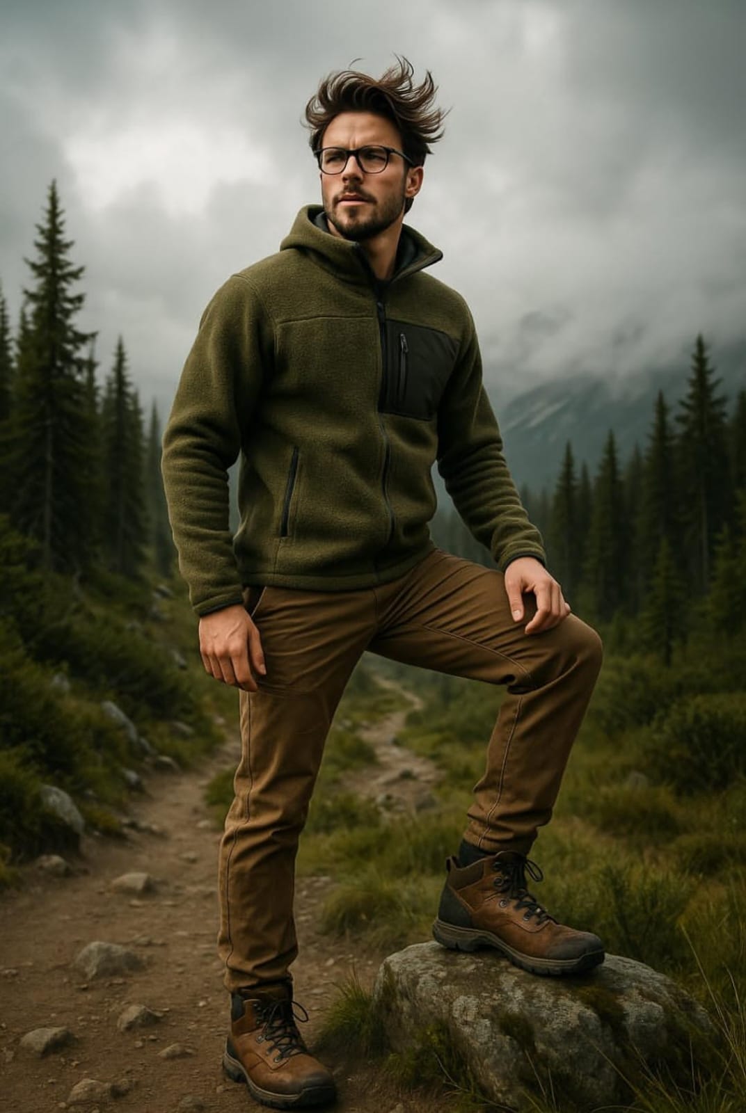Rugged Outdoor Fashion Model AI prompt – realistic fashion photo editing image
