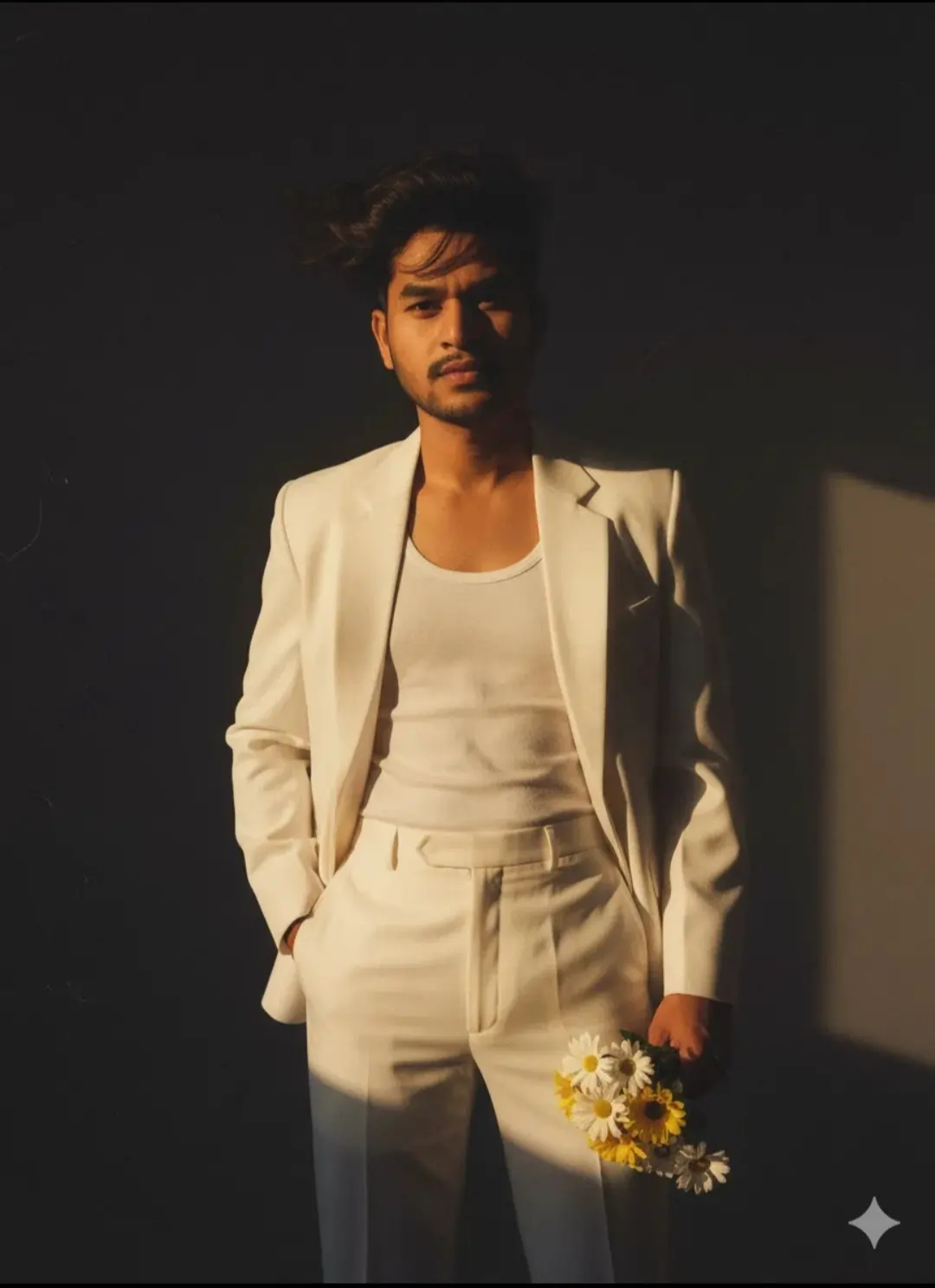 White Suit Aesthetic AI prompt – realistic fashion photo editing image