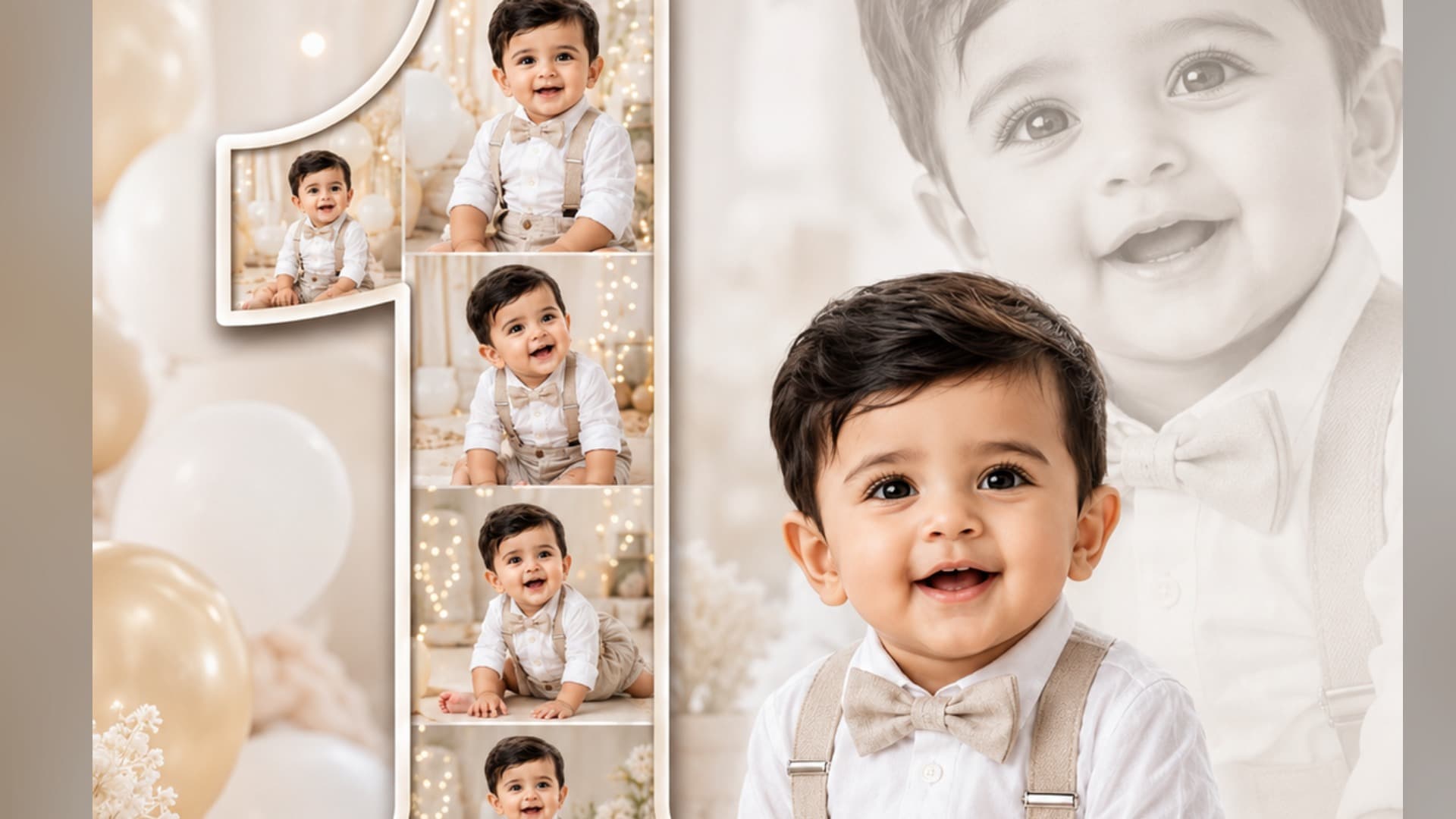 Luxury baby boy 1st birthday AI prompt – photo-filled number one birthday poster