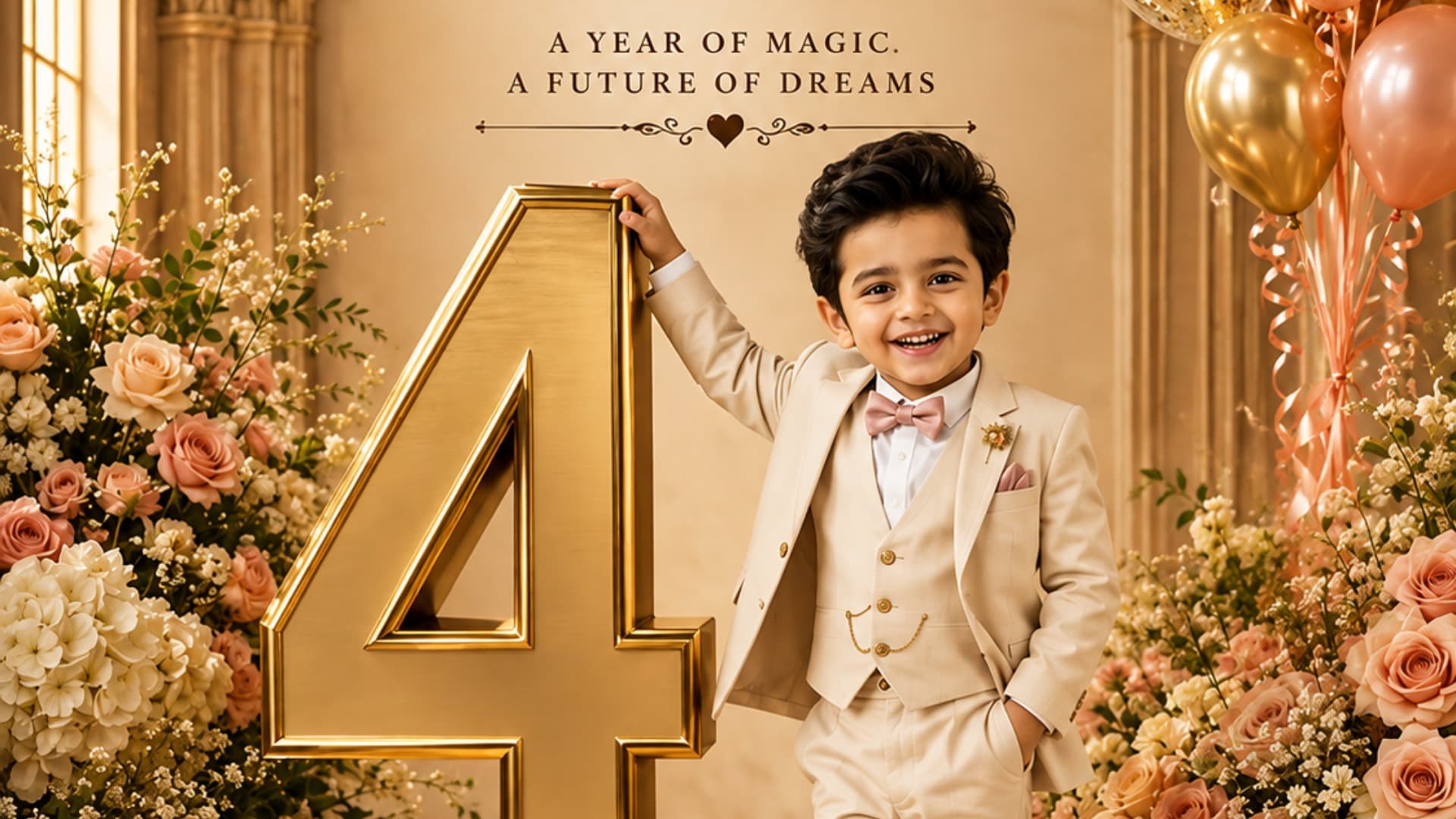 Arav 4th birthday royal AI prompt – luxury palace birthday portrait with gold number 4