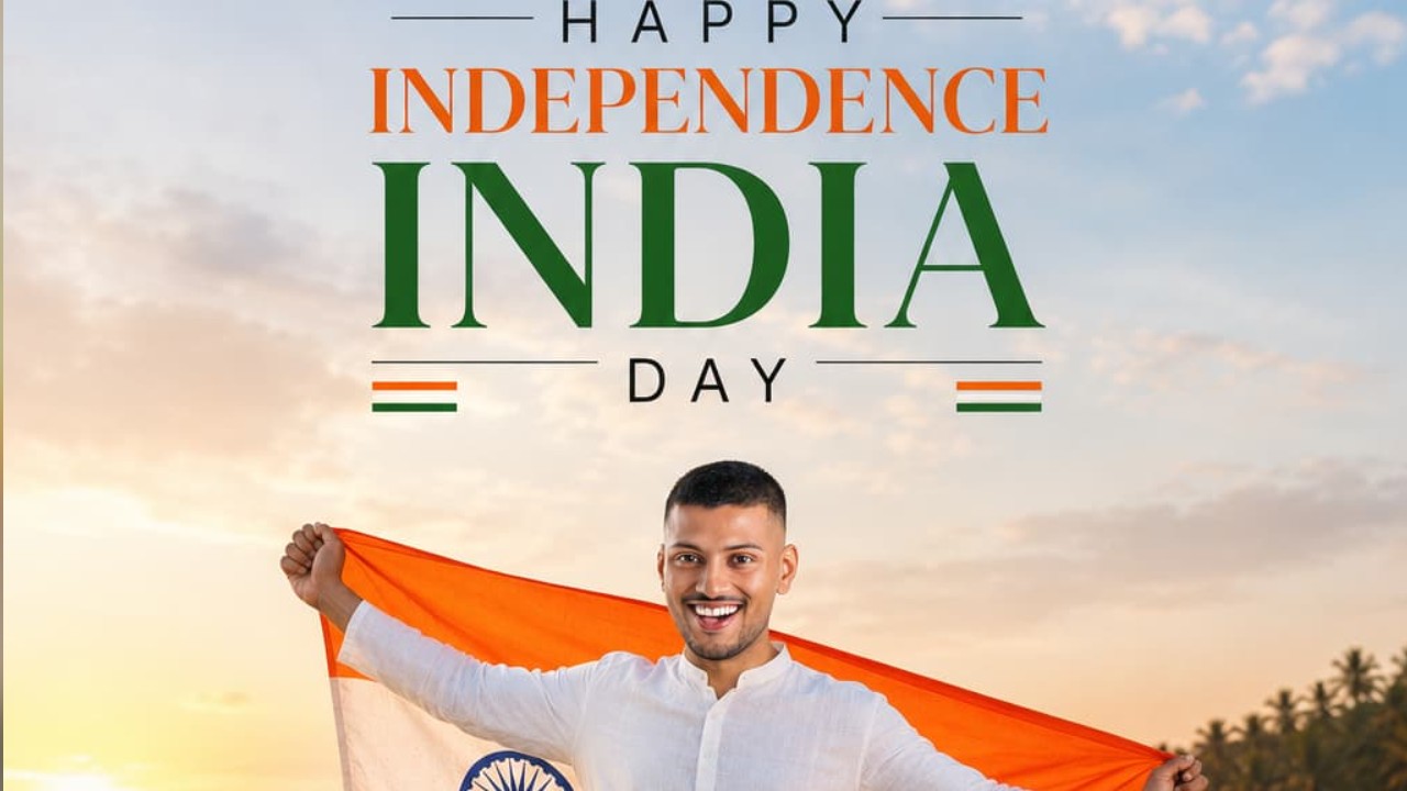 Independence Day flag poster AI prompt – Indian tricolor beach portrait