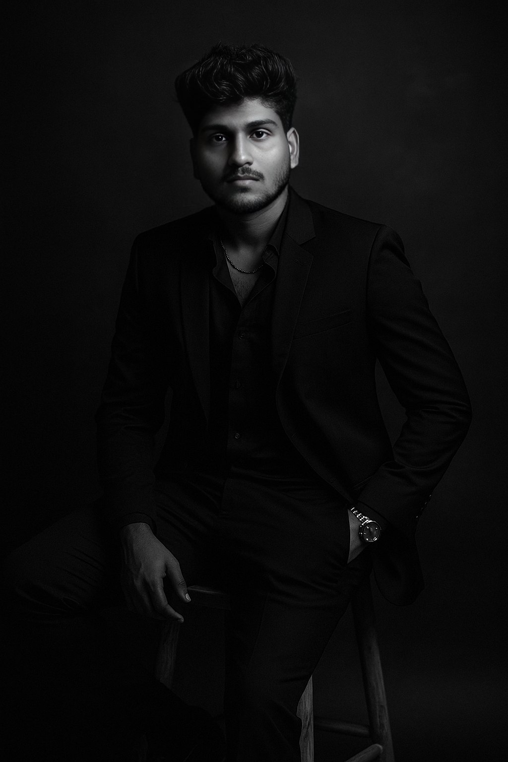 Dramatic Black and White Portrait AI prompt – realistic photo editing image
