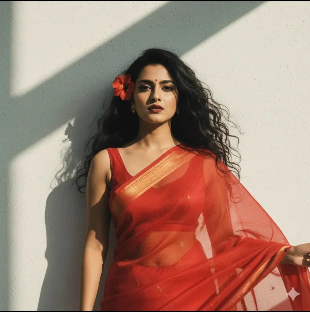 Red Saree Aesthetic AI prompt – realistic saree photo editing image
