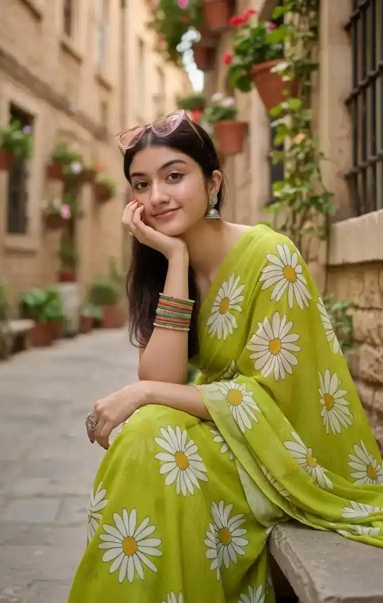 green saree Aesthetic AI prompt – realistic saree photo editing image