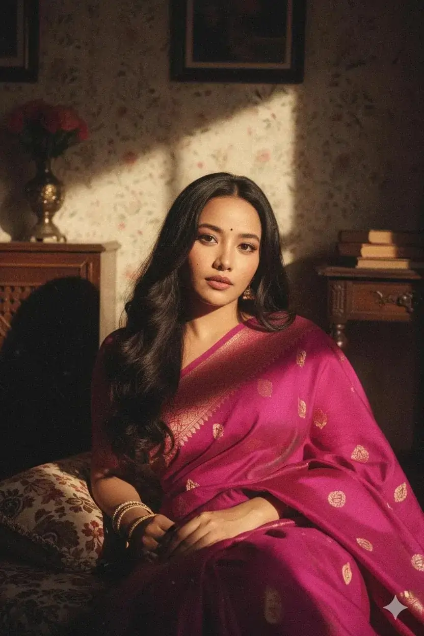 Retro Vintage Saree Portrait AI prompt – realistic saree photo editing image