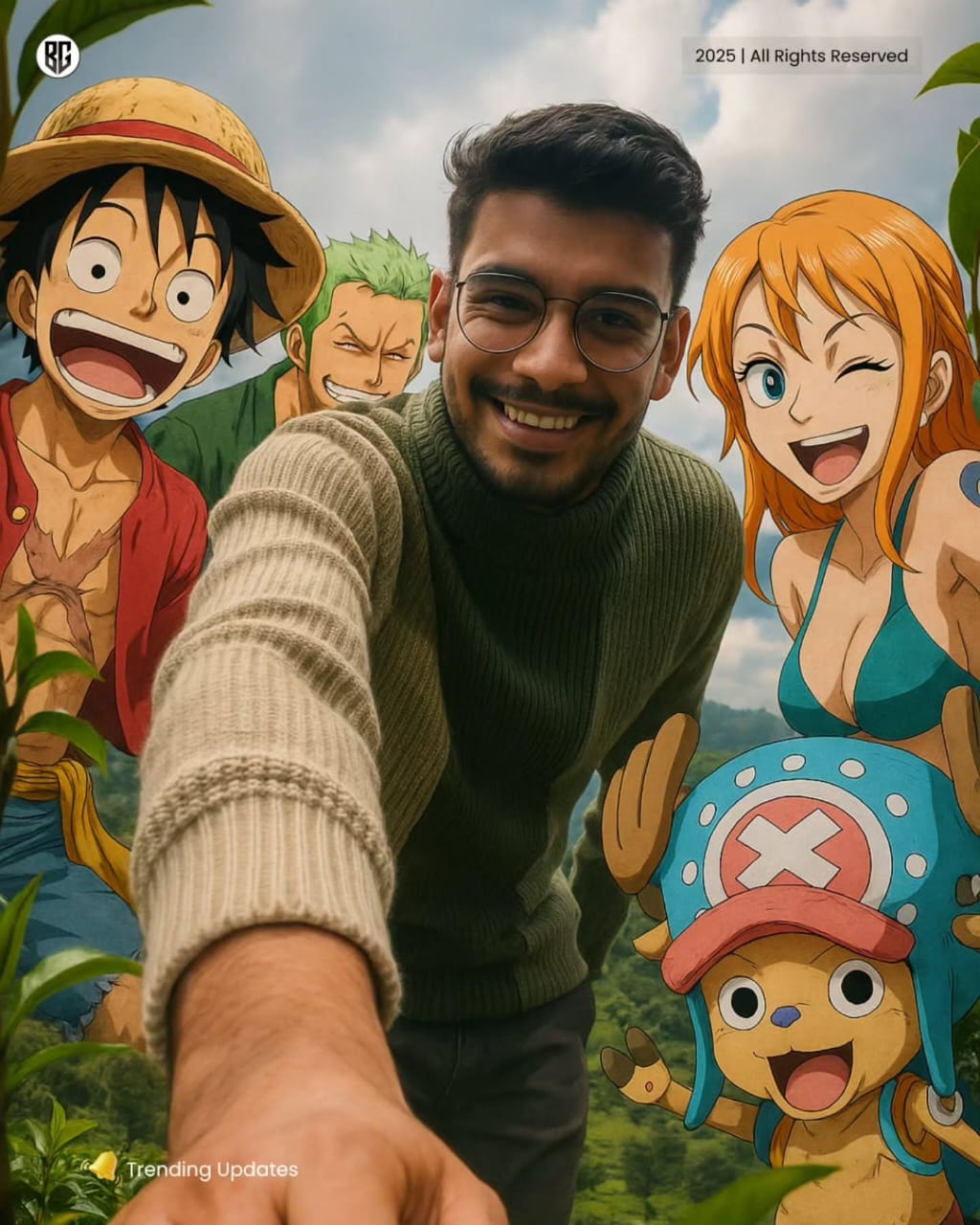 Fisheye Lens Selfie with One Piece Characters AI prompt – realistic selfie photo editing image