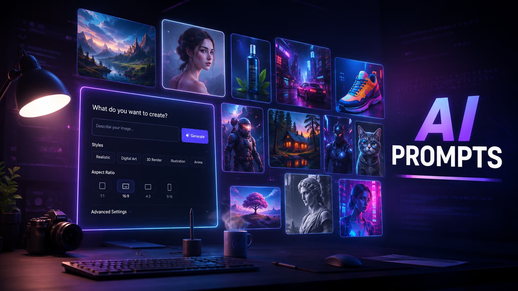 Glowing AI image generation studio with holographic thumbnails representing the best AI image prompts for 2026