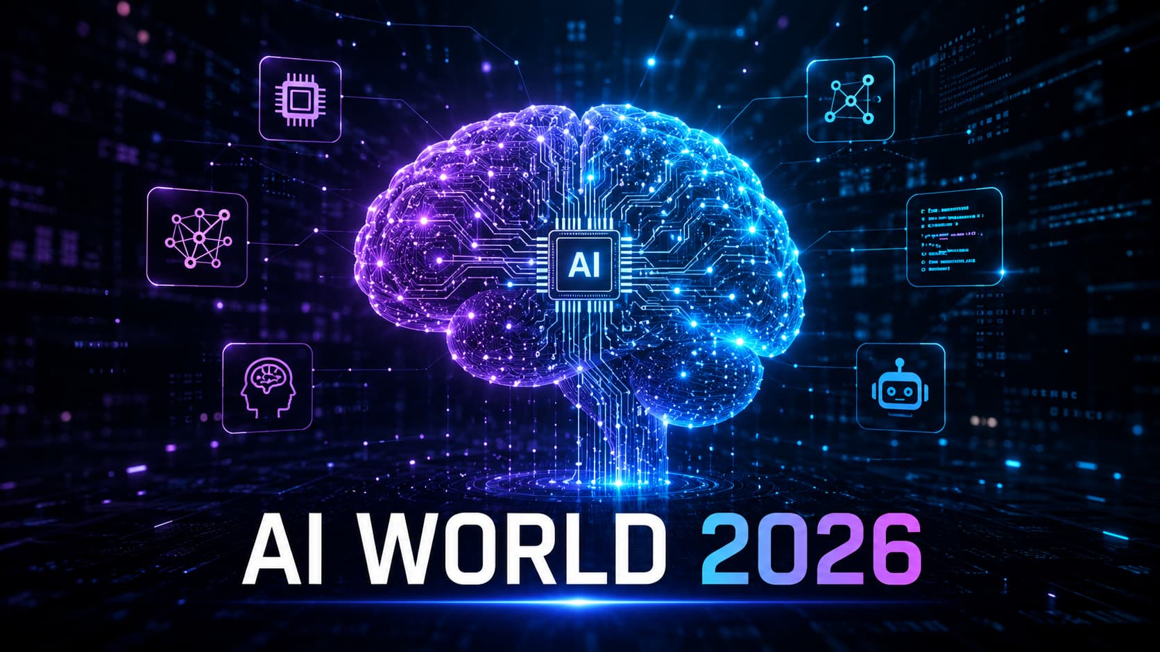 Futuristic AI World interface with brain and chip icons representing the growing ecosystem of modern AI tools in 2026