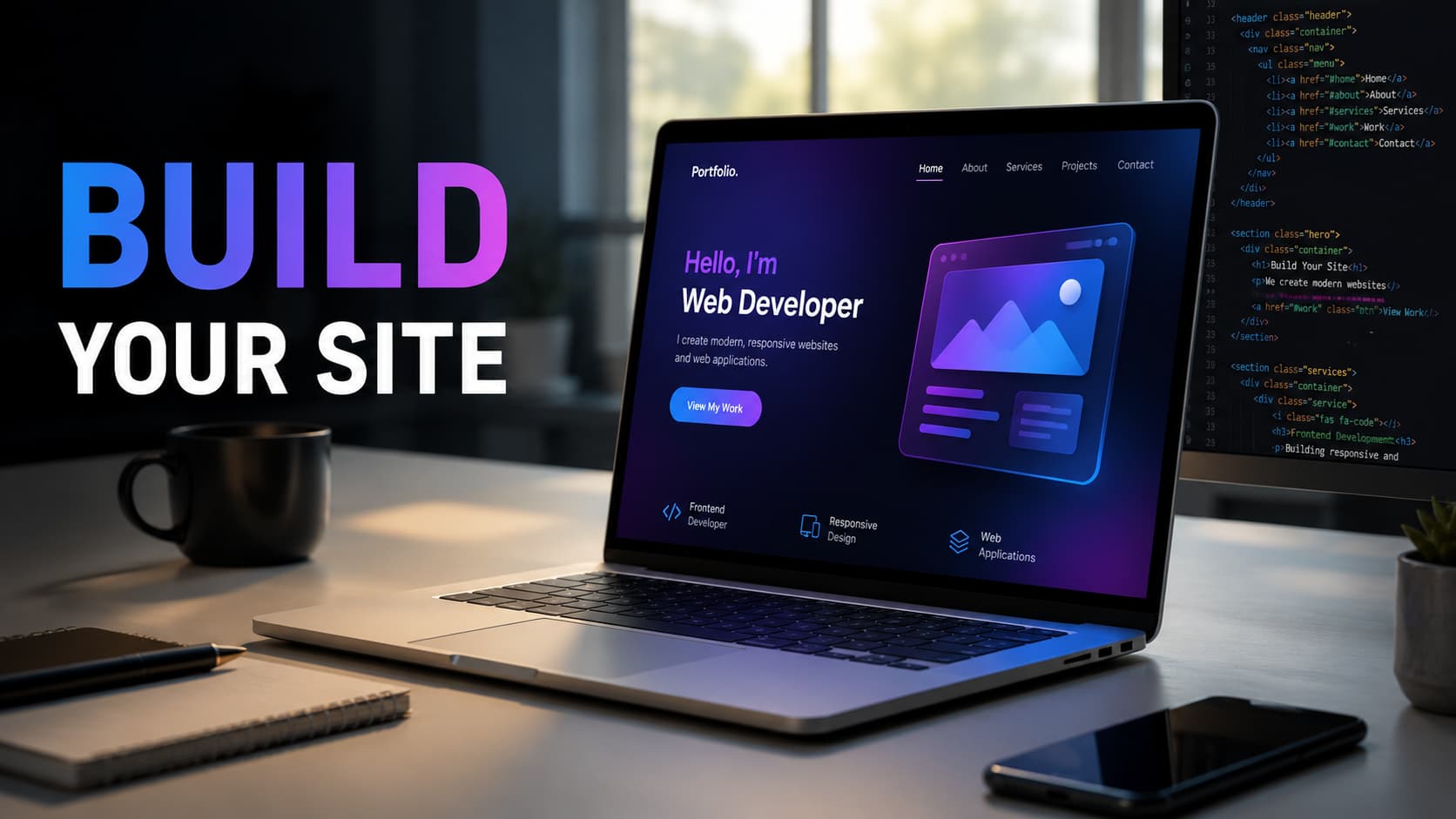 Modern laptop showing a stylish portfolio website with code editor reflection, representing a free portfolio site build