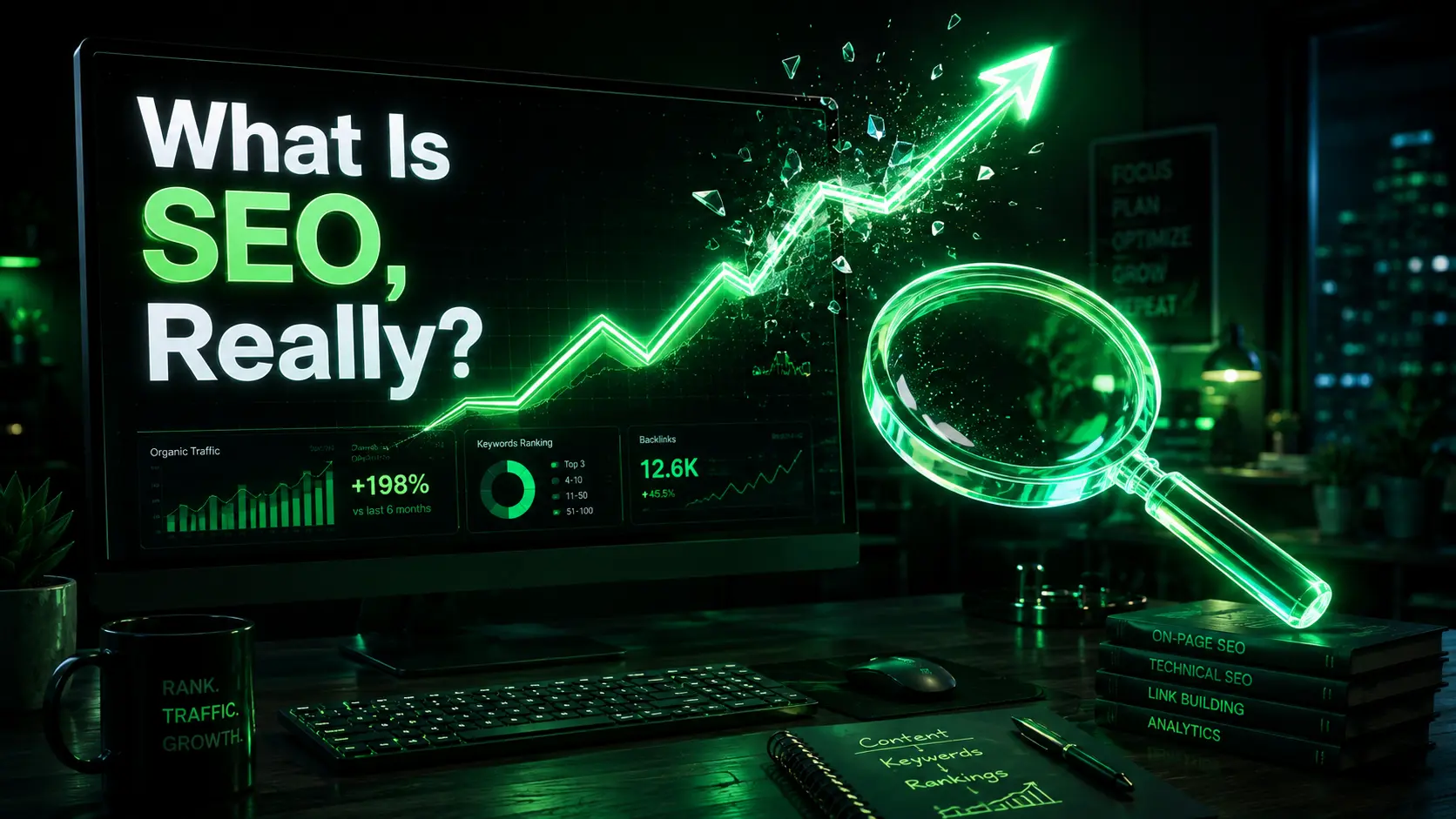 A simple upward-trending line chart glowing on a laptop screen next to a magnifying glass icon, representing search traffic growing over time