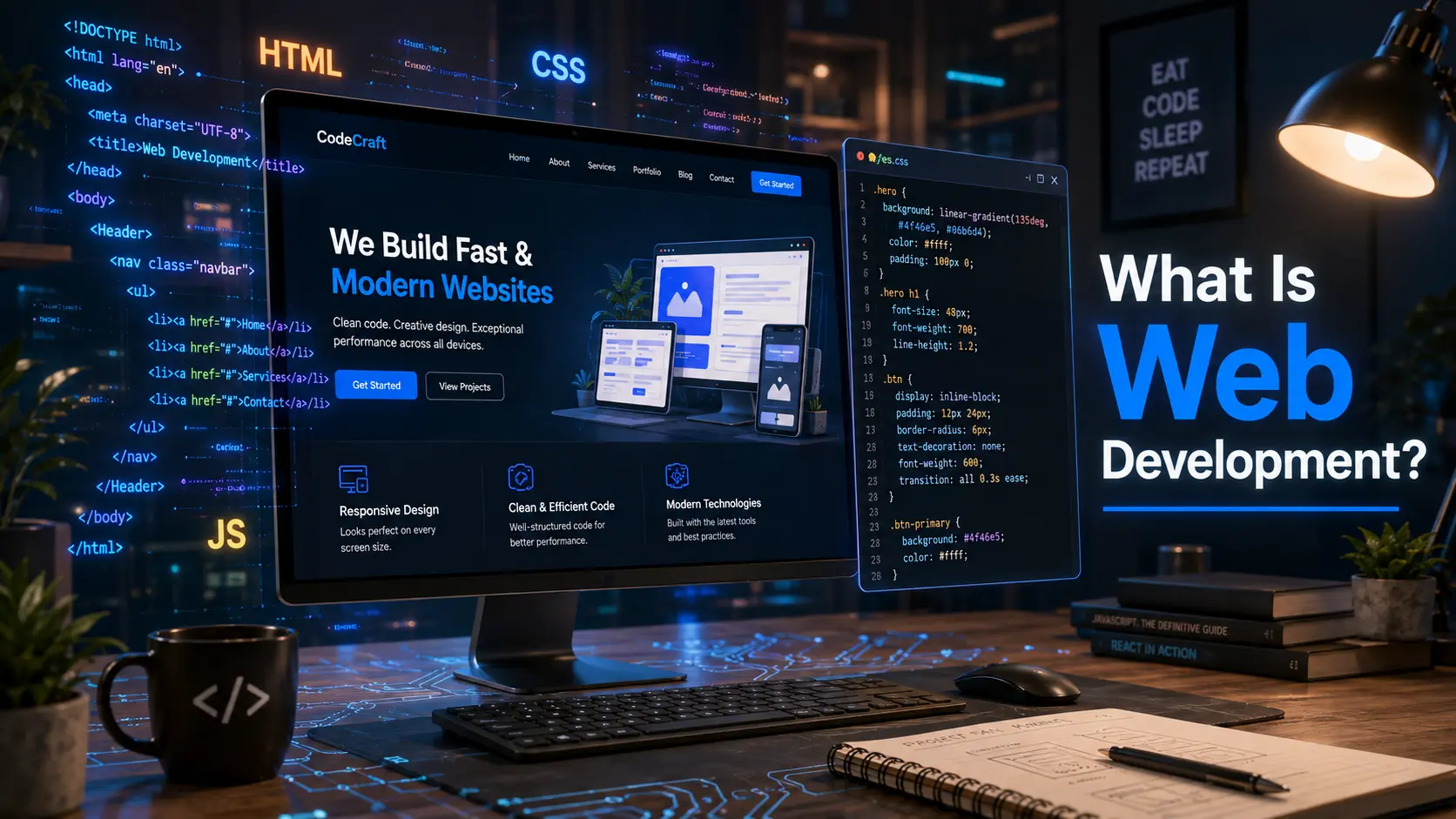 A laptop glowing at night with simple code and a website preview, representing web development as a beginner-friendly skill
